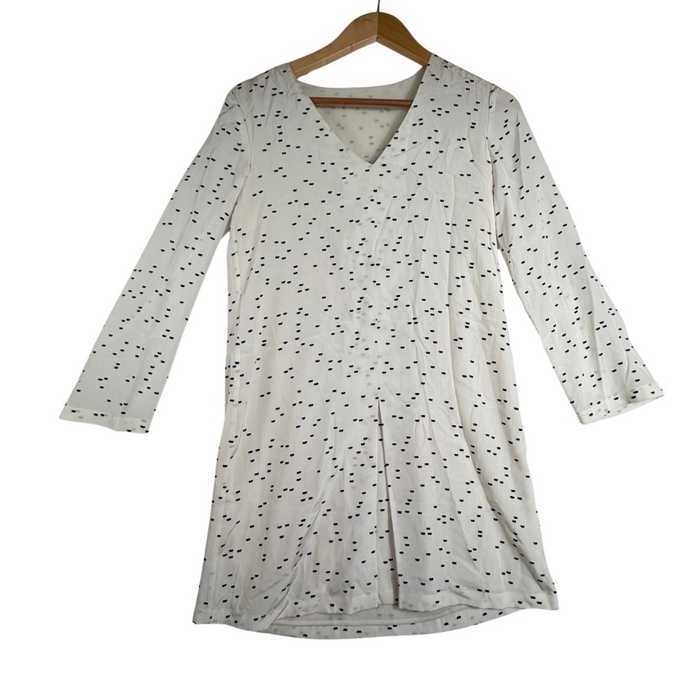 Theory Trenta Silk Shift Dress V-Neck Long Sleeve Dash Print Cream Size S